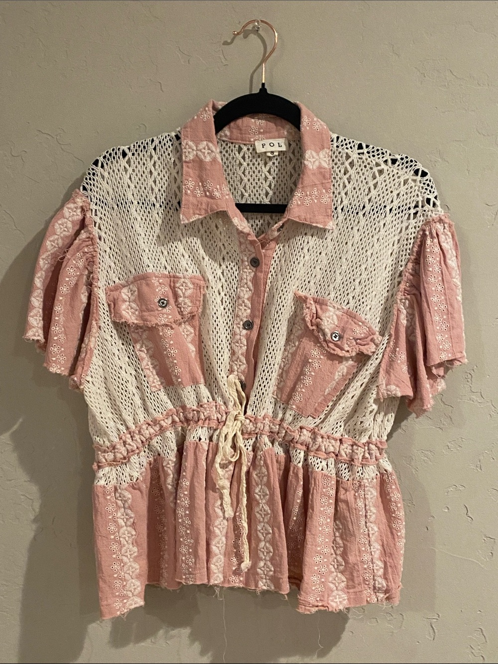 POL Pink and Cream Crochet Panel Shirt Sz. SM Oversized PTP 21 Length 22 - Picture 1 of 5